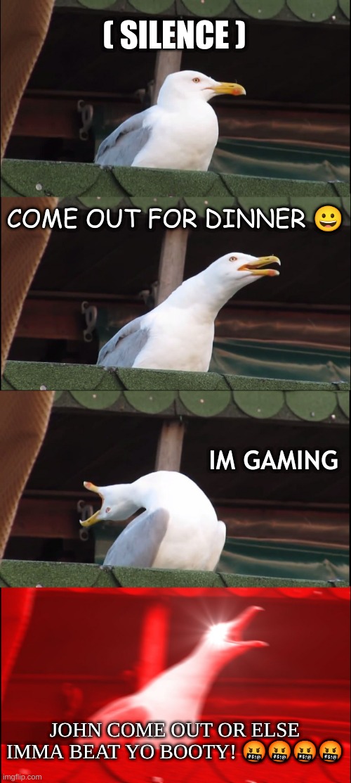 Inhaling Seagull | ( SILENCE ); COME OUT FOR DINNER 😀; IM GAMING; JOHN COME OUT OR ELSE IMMA BEAT YO BOOTY! 🤬🤬🤬🤬 | image tagged in memes,inhaling seagull | made w/ Imgflip meme maker