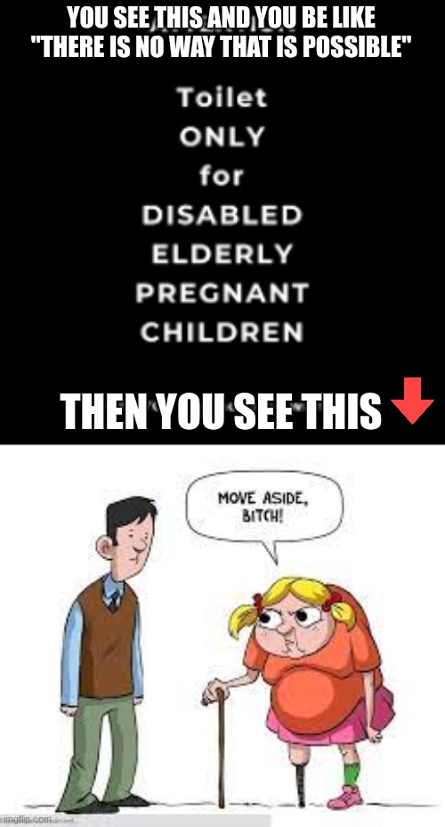 Move aside bitch | YOU SEE THIS AND YOU BE LIKE "THERE IS NO WAY THAT IS POSSIBLE"; THEN YOU SEE THIS | image tagged in toilet only for disabled elderly pregnant children,disabled elderly pregnant child | made w/ Imgflip meme maker