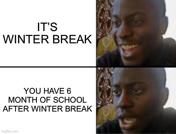 *cries of learning* | IT’S WINTER BREAK; YOU HAVE 6 MONTH OF SCHOOL AFTER WINTER BREAK | image tagged in oh yeah oh no | made w/ Imgflip meme maker
