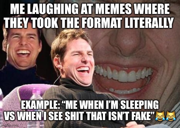Dang that is crazy | ME LAUGHING AT MEMES WHERE THEY TOOK THE FORMAT LITERALLY; EXAMPLE: “ME WHEN I’M SLEEPING VS WHEN I SEE SHIT THAT ISN’T FAKE”😹😹 | image tagged in tom cruise laugh | made w/ Imgflip meme maker