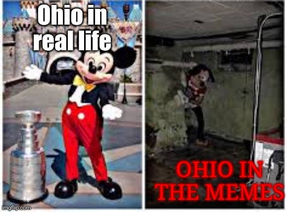 Only in Ohio | Ohio in real life; OHIO IN THE MEMES | image tagged in mickey mouse in disneyland,ohio | made w/ Imgflip meme maker