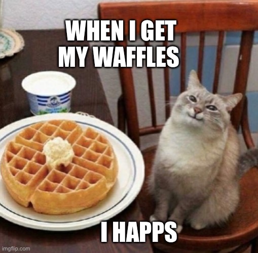 Cat likes their waffle |  WHEN I GET MY WAFFLES; I HAPPS | image tagged in cat likes their waffle | made w/ Imgflip meme maker
