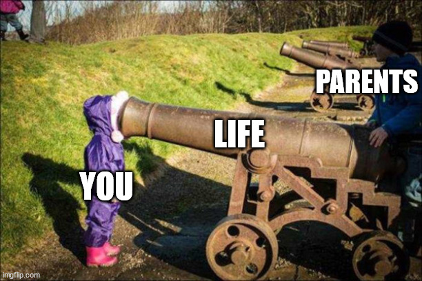 Life | LIFE; PARENTS; YOU | image tagged in kid face on cannon | made w/ Imgflip meme maker