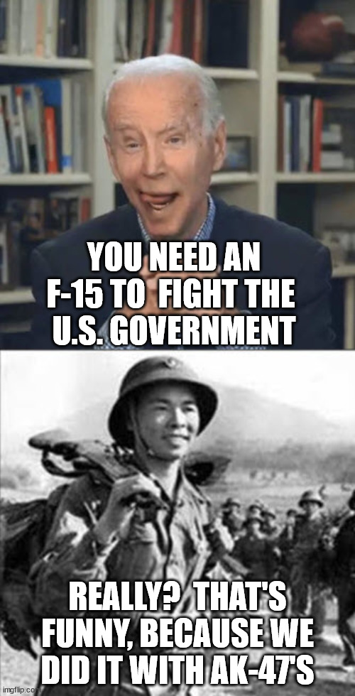 Joe says you don't need an AR-15 to fight the government | YOU NEED AN F-15 TO  FIGHT THE 
U.S. GOVERNMENT; REALLY?  THAT'S FUNNY, BECAUSE WE DID IT WITH AK-47'S | image tagged in joe biden,clueless,puppet | made w/ Imgflip meme maker