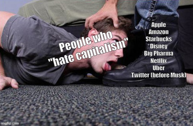 Ever notice that the people who "hate capitalism" are always the ones who support and defend corrupt corporations? | Apple
Amazon
Starbucks
Disney
Big Pharma
Netflix
Uber
Twitter (before Musk); People who "hate capitalism" | image tagged in bootlicker,capitalism,liberals,leftists,socialists,irony | made w/ Imgflip meme maker