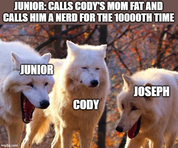 why he's friends with them? | JUNIOR: CALLS CODY'S MOM FAT AND CALLS HIM A NERD FOR THE 10000TH TIME; JUNIOR; JOSEPH; CODY | image tagged in 2/3 wolves laugh | made w/ Imgflip meme maker