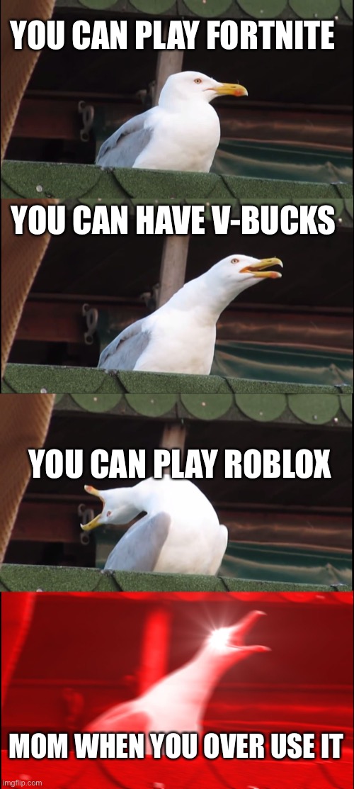 Inhaling Seagull | YOU CAN PLAY FORTNITE; YOU CAN HAVE V-BUCKS; YOU CAN PLAY ROBLOX; MOM WHEN YOU OVER USE IT | image tagged in memes,inhaling seagull | made w/ Imgflip meme maker