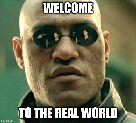 What if i told you | WELCOME; TO THE REAL WORLD | image tagged in what if i told you | made w/ Imgflip meme maker