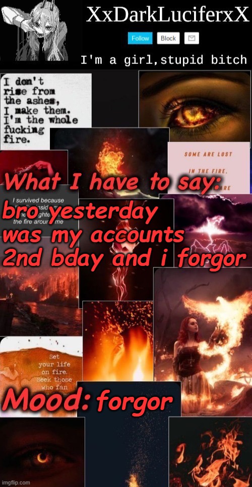 Dark Lucifer Announcement temp | bro yesterday was my accounts 2nd bday and i forgor; forgor | image tagged in dark lucifer announcement temp | made w/ Imgflip meme maker