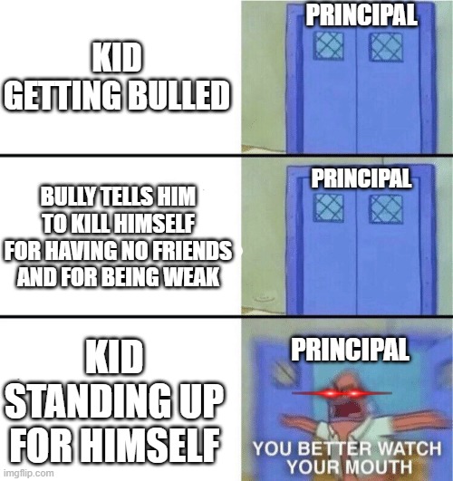 what did i do!?! | PRINCIPAL; KID GETTING BULLED; BULLY TELLS HIM TO KILL HIMSELF FOR HAVING NO FRIENDS AND FOR BEING WEAK; PRINCIPAL; PRINCIPAL; KID STANDING UP FOR HIMSELF | image tagged in you better watch your mouth | made w/ Imgflip meme maker