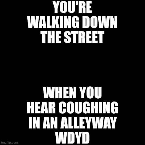 No joke or OP OCs | YOU'RE WALKING DOWN THE STREET; WHEN YOU HEAR COUGHING IN AN ALLEYWAY
WDYD | image tagged in memes,blank transparent square | made w/ Imgflip meme maker