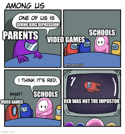 WELL I WONDER WHO IT COULD BE | PARENTS; GIVING KIDS DEPRESSION! SCHOOLS; VIDEO GAMES; SCHOOLS; RED WAS NOT THE IMPOSTOR; VIDEO GAMES | image tagged in the fall guy | made w/ Imgflip meme maker