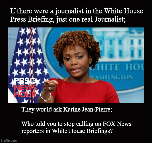 Who told Karine Jean-Pierre to stop calling on FOX? | If there were a journalist in the White House
Press Briefing, just one real Journalist;; They would ask Karine Jean-Pierre;  
 
Who told you to stop calling on FOX News reporters in White House Briefings? | image tagged in karine jean-pierre,white house press briefing,fox news | made w/ Imgflip meme maker