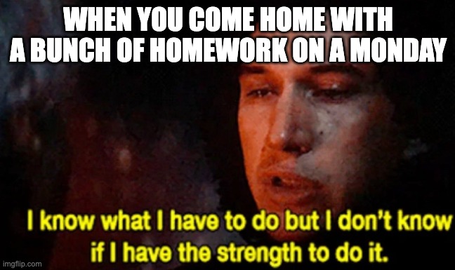 I know what I have to do but I don’t know if I have the strength | WHEN YOU COME HOME WITH A BUNCH OF HOMEWORK ON A MONDAY | image tagged in i know what i have to do but i don t know if i have the strength | made w/ Imgflip meme maker