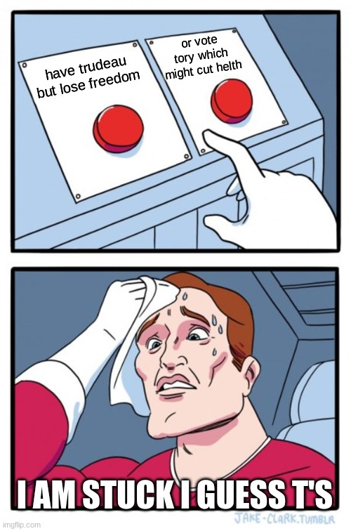 Two Buttons Meme | or vote tory which might cut helth; have trudeau but lose freedom; I AM STUCK I GUESS T'S | image tagged in memes,two buttons,politics,political meme | made w/ Imgflip meme maker