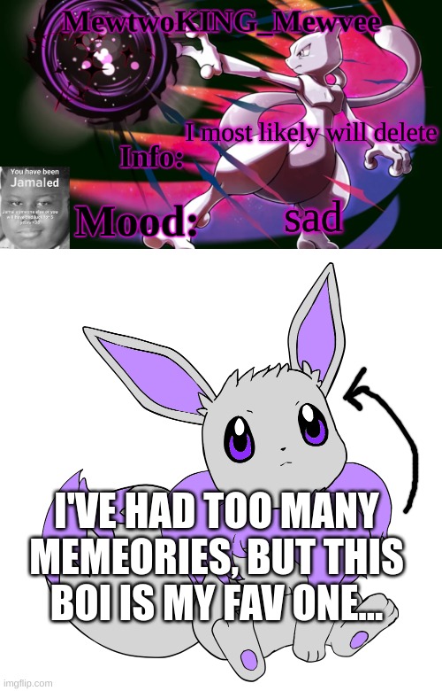 Most likely goodbye | I most likely will delete; sad; I'VE HAD TOO MANY MEMEORIES, BUT THIS BOI IS MY FAV ONE... | image tagged in mewtwoking_mewvee temp 4 0,mewvee | made w/ Imgflip meme maker