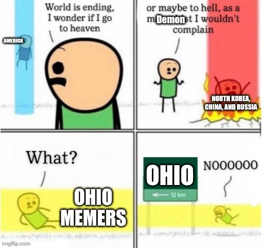 Ohio=bad | Demon; AMERICA; NORTH KOREA, CHINA, AND RUSSIA; OHIO; OHIO MEMERS | image tagged in guy goes to insert text here,ohio | made w/ Imgflip meme maker