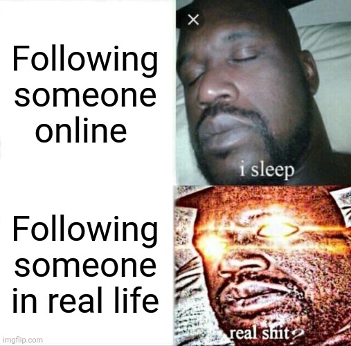 First dark humour meme | Following someone online; Following someone in real life | image tagged in memes,sleeping shaq | made w/ Imgflip meme maker