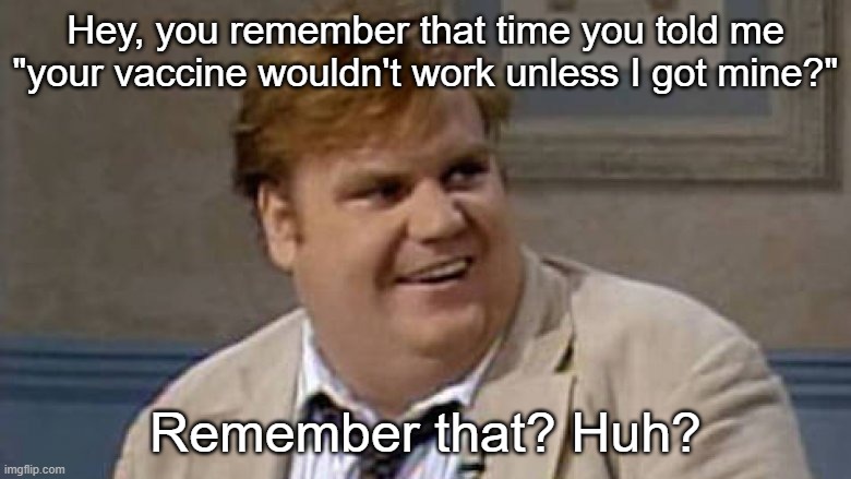 Brainwashed people say the durndest things | Hey, you remember that time you told me "your vaccine wouldn't work unless I got mine?"; Remember that? Huh? | image tagged in chris farley awesome | made w/ Imgflip meme maker