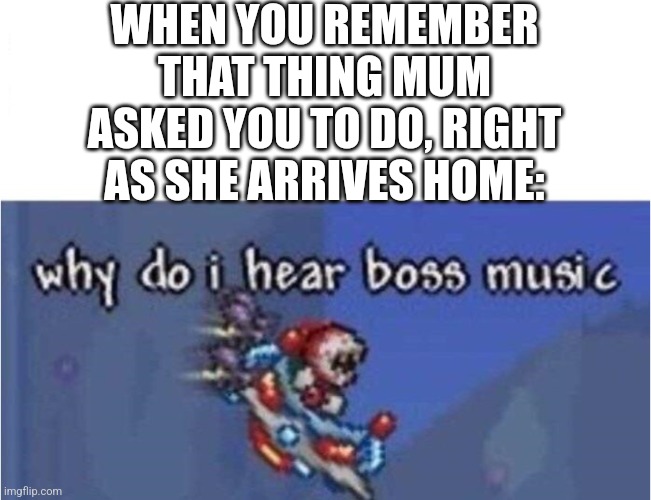 why do i hear boss music | WHEN YOU REMEMBER THAT THING MUM ASKED YOU TO DO, RIGHT AS SHE ARRIVES HOME: | image tagged in why do i hear boss music | made w/ Imgflip meme maker