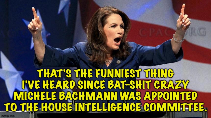 Representative Michele Bachmann - Bat Shit Crazy | THAT'S THE FUNNIEST THING I'VE HEARD SINCE BAT-SHIT CRAZY MICHELE BACHMANN WAS APPOINTED TO THE HOUSE INTELLIGENCE COMMITTEE. | image tagged in representative michele bachmann - bat shit crazy | made w/ Imgflip meme maker