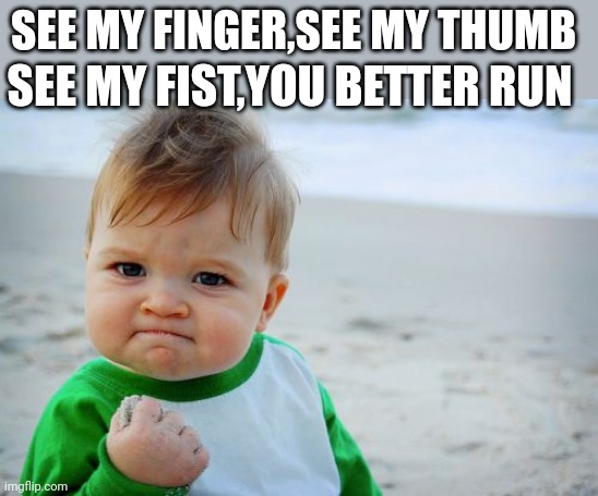 Success Kid Original Meme | SEE MY FINGER,SEE MY THUMB; SEE MY FIST,YOU BETTER RUN | image tagged in memes,success kid original | made w/ Imgflip meme maker