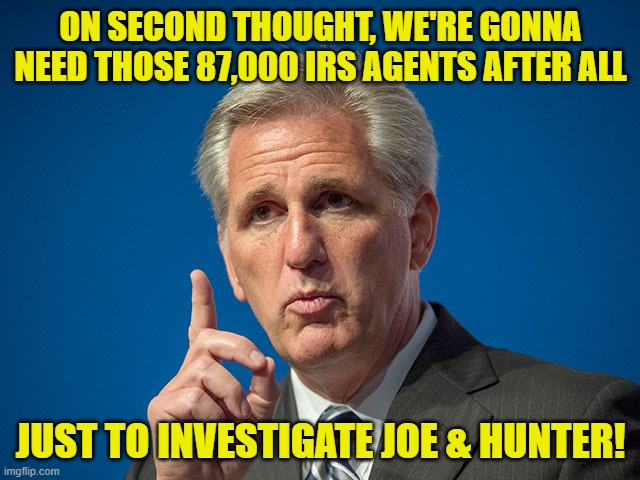 Might need more!! | ON SECOND THOUGHT, WE'RE GONNA NEED THOSE 87,000 IRS AGENTS AFTER ALL; JUST TO INVESTIGATE JOE & HUNTER! | image tagged in kevin mccarthy,joe biden,hunter biden | made w/ Imgflip meme maker