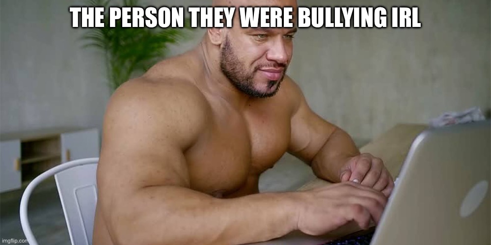 Buff Man on Computer | THE PERSON THEY WERE BULLYING IRL | image tagged in buff man on computer | made w/ Imgflip meme maker