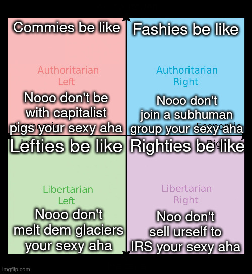 Nooo don't (X) your sexy aha | Commies be like; Fashies be like; Nooo don't be with capitalist pigs your sexy aha; Nooo don't join a subhuman group your sexy aha; Lefties be like; Righties be like; Noo don't sell urself to IRS your sexy aha; Nooo don't melt dem glaciers your sexy aha | image tagged in political compass | made w/ Imgflip meme maker