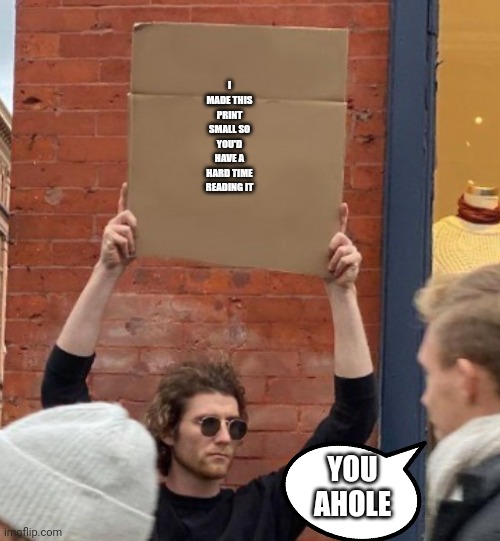 I MADE THIS PRINT SMALL SO YOU'D HAVE A HARD TIME READING IT; YOU AHOLE | image tagged in guy holding cardboard sign closer | made w/ Imgflip meme maker