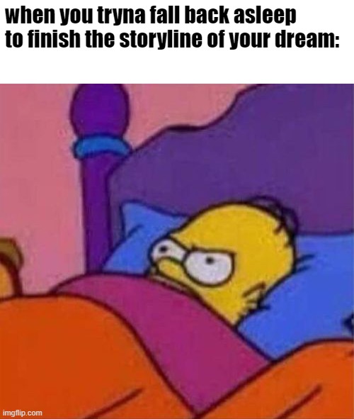I can't be the only one, right? | when you tryna fall back asleep to finish the storyline of your dream: | image tagged in angry homer simpson in bed | made w/ Imgflip meme maker