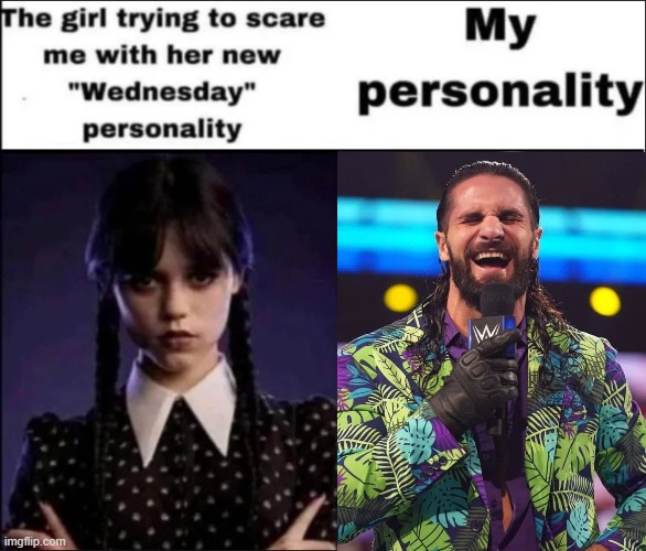 I AM a VISIONARY, I AM a REVOLUTIONARY, I am Seth FREAKIN' Rollins | image tagged in the girl trying to scare me with her new wednesday personality | made w/ Imgflip meme maker