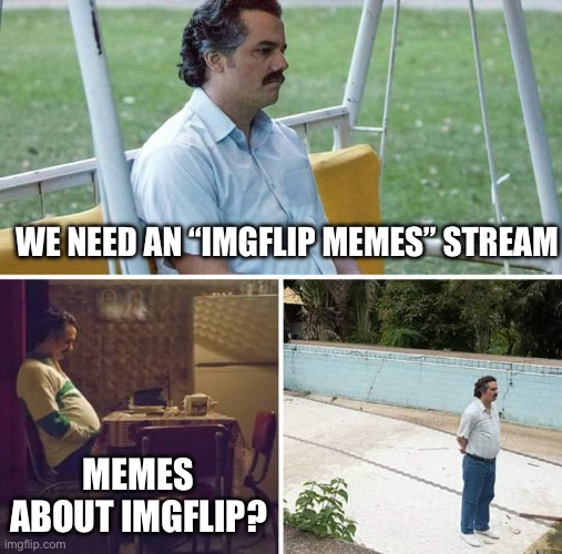 Sad Pablo Escobar Meme | WE NEED AN “IMGFLIP MEMES” STREAM; MEMES ABOUT IMGFLIP? | image tagged in memes,sad pablo escobar | made w/ Imgflip meme maker