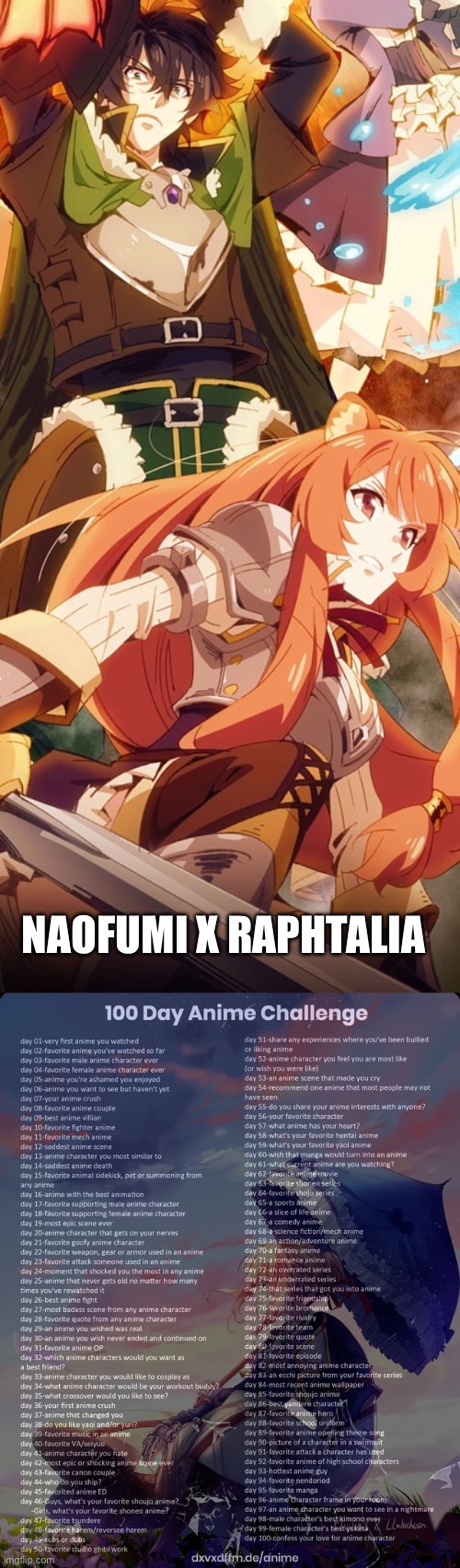 Day 43: she’s 10 but we don’t meantion it | NAOFUMI X RAPHTALIA | image tagged in 100 day anime challenge | made w/ Imgflip meme maker