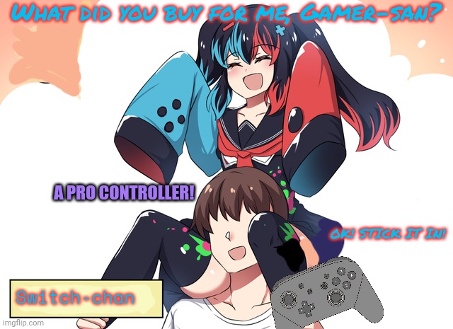 Switch chan returns | What did you buy for me, Gamer-san? A PRO CONTROLLER! OK! STICK IT IN! Switch-chan | image tagged in nintendo switch,switch chan,treat her right,buy her a pro,controller | made w/ Imgflip meme maker