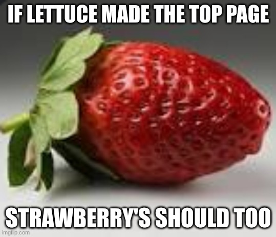 Why not | IF LETTUCE MADE THE TOP PAGE; STRAWBERRY'S SHOULD TOO | image tagged in strawberry,popular,lettuce,fruit,new memes | made w/ Imgflip meme maker