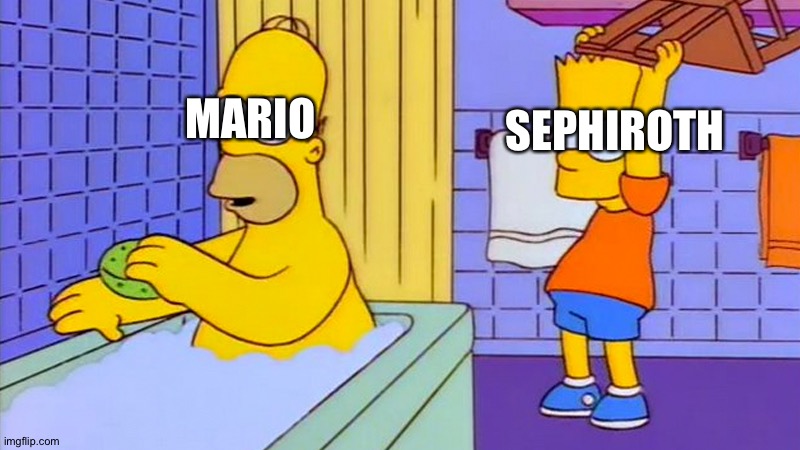 Sephiroth in Smash ultimate trailer in a nutshell | SEPHIROTH; MARIO | image tagged in bart hitting homer with a chair | made w/ Imgflip meme maker