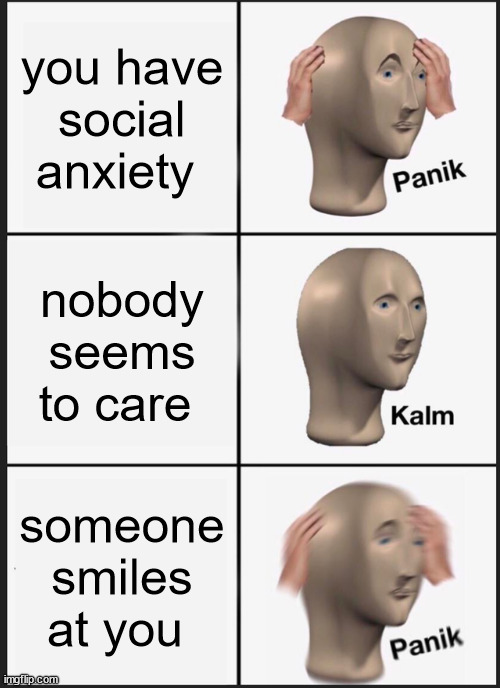 introverts be like | you have social anxiety; nobody seems to care; someone smiles at you | image tagged in memes,panik kalm panik | made w/ Imgflip meme maker