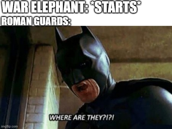 What are those things? | WAR ELEPHANT: *STARTS*; ROMAN GUARDS: | image tagged in batman where are they 12345,memes | made w/ Imgflip meme maker