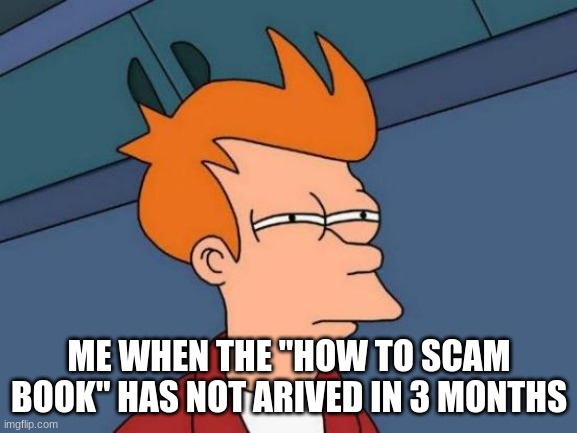Futurama Fry | ME WHEN THE ''HOW TO SCAM BOOK'' HAS NOT ARIVED IN 3 MONTHS | image tagged in memes,futurama fry | made w/ Imgflip meme maker