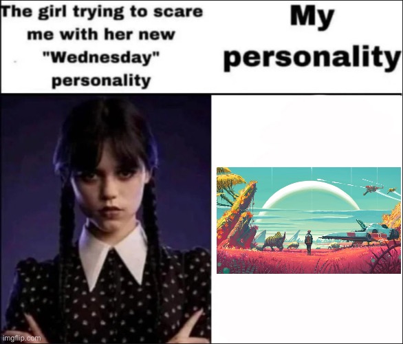 The girl trying to scare me with her new Wednesday personality | image tagged in the girl trying to scare me with her new wednesday personality | made w/ Imgflip meme maker