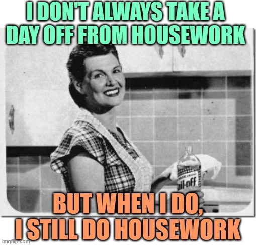 Vintage Housewife: Day Off From Housework | I DON'T ALWAYS TAKE A
DAY OFF FROM HOUSEWORK; BUT WHEN I DO, I STILL DO HOUSEWORK | image tagged in vintage woman cooking,1950s housewife,housework,funny memes,sassy,day off | made w/ Imgflip meme maker