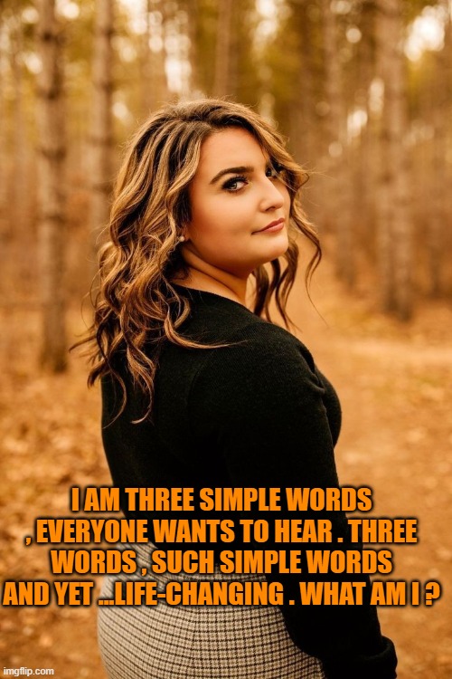 I AM THREE SIMPLE WORDS , EVERYONE WANTS TO HEAR . THREE WORDS , SUCH SIMPLE WORDS AND YET ...LIFE-CHANGING . WHAT AM I ? | image tagged in riddle | made w/ Imgflip meme maker