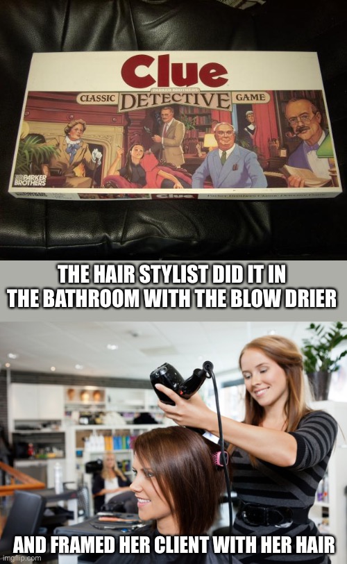 THE HAIR STYLIST DID IT IN THE BATHROOM WITH THE BLOW DRIER AND FRAMED HER CLIENT WITH HER HAIR | image tagged in clue,hairdresser | made w/ Imgflip meme maker