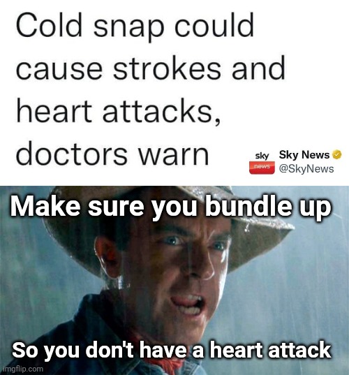 I dress in layers to avoid cardiac arrest. | Make sure you bundle up; So you don't have a heart attack | image tagged in ian freeze | made w/ Imgflip meme maker