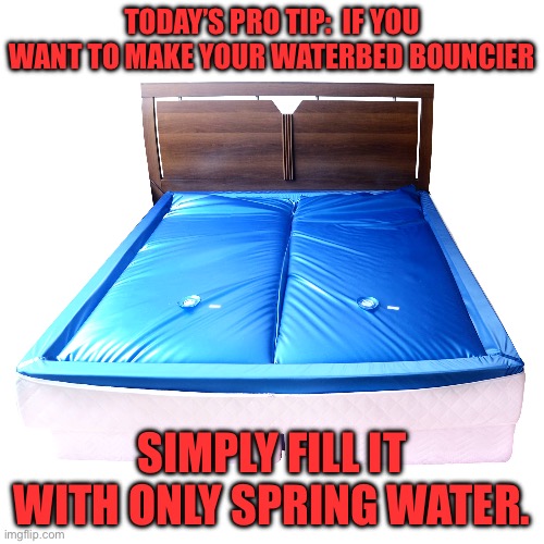 Water bed | TODAY’S PRO TIP:  IF YOU WANT TO MAKE YOUR WATERBED BOUNCIER; SIMPLY FILL IT WITH ONLY SPRING WATER. | image tagged in bad pun | made w/ Imgflip meme maker