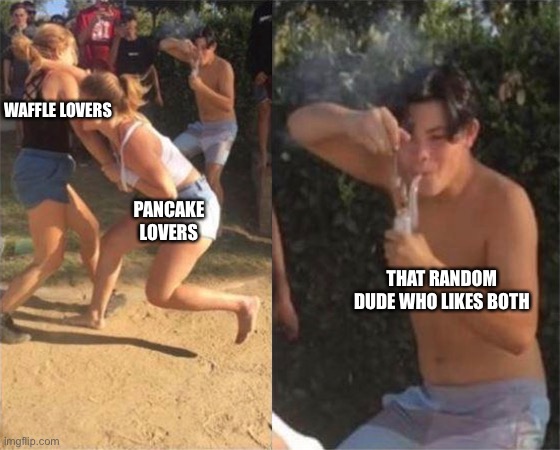 World peace acquired | WAFFLE LOVERS; PANCAKE LOVERS; THAT RANDOM DUDE WHO LIKES BOTH | image tagged in two girls fighting | made w/ Imgflip meme maker