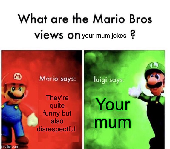 Clever title | your mum jokes; Your mum; They’re quite funny but also disrespectful | image tagged in mario bros views | made w/ Imgflip meme maker