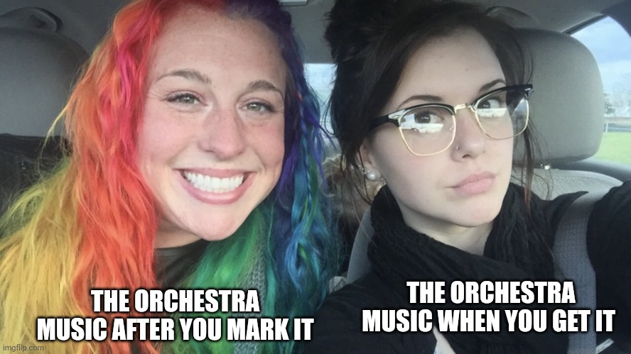 rainbow hair and goth | THE ORCHESTRA MUSIC AFTER YOU MARK IT; THE ORCHESTRA MUSIC WHEN YOU GET IT | image tagged in rainbow hair and goth | made w/ Imgflip meme maker