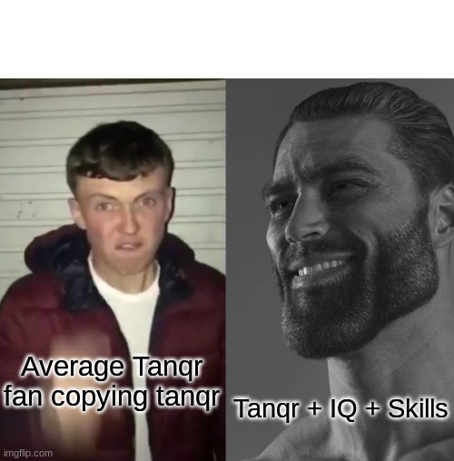 Fans vs Chads 1. | Average Tanqr fan copying tanqr; Tanqr + IQ + Skills | image tagged in average fan vs average enjoyer | made w/ Imgflip meme maker